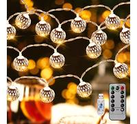 Catena luminosa a LED per interni - Catena di luci USB per esterni, 40 sfere in argento marocchino con telecomando per stanza, balcone, festa di matrimonio, compleanno, Natale, 6 metri, bianco caldo