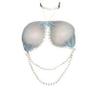 Catena per il corpo da donna con perle e strass, maglia blu cielo sexy halter collo perline spiaggia a rete reggiseno gioielli