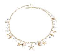 Catena per la vita delle donne con stella marina e conchiglia, con perle, per l'estate, la spiaggia, l'oceano, Medium size, acciaio inox, Non pietra preziosa