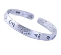 catene a catena, regolabili; Bracciale regolabile in argento sterling con incisioni buddiste di loto, 8x54 mm, 29 g, spazzolato opaco