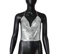 Catene Per Il Corpo Sexy Crop Top Bikini Con Paillettes Halter Reggiseno Senza Schienale Catenina Per Il Corpo In Metallo Beach Party Rave Nightclub Gioielli Per Il Corpo Per Le Donne-Rosa Corallo||Taglia Unica