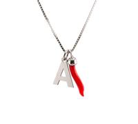 Catenina argento 925 rodiato con iniziale e cornetto corallo rosso naturale del Mediterraneo amuleto portafortuna gioiello artigianale catenina veneziana 45 cm
