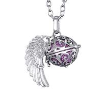 Catenina Morella donna angelo custode in acciaio inox 70 cm con ciondolo ad ali di angelo e sfera zirconi viola Ø 16 mm in sacchetto di velluto