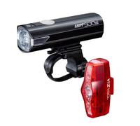 CatEye Ampp 500S/Viz 150 - Set di luci anteriori e posteriori per bicicletta, con tecnologia LED OptiCube, grado di impermeabilità IPX4, staffa FlexTight Easy Fit, ricaricabile tramite USB C