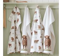 Catherine Lansfield Angus - Set di 4 strofinacci da cucina in cotone con stampa mucca delle Highlands, 50x75 cm, colore: naturale