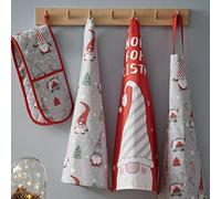 Catherine Lansfield Canovacci da cucina in cotone con gnomi natalizi, 50 x 75 cm, confezione da 4, grigio e rosso