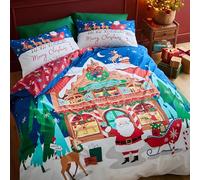 Catherine Lansfield Christmas Santa's Workshop, set copripiumino matrimoniale reversibile con federe, blu navy