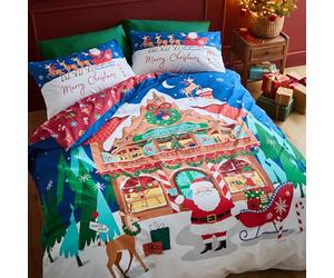 Catherine Lansfield Christmas Santa's Workshop, set copripiumino matrimoniale reversibile con federe, blu navy