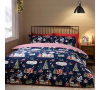 Catherine Lansfield Christmas Ski Village - Set copripiumino matrimoniale reversibile con federe, colore: blu navy