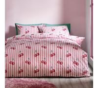 Catherine Lansfield Disco Cherries Stripes - Set copripiumino reversibile per letto matrimoniale con federe, colore: rosa