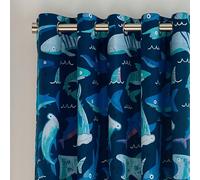 Catherine Lansfield Kids Jawsome Shark - Tenda con occhielli, completamente reversibile, 168 x 183 cm, 2 pannelli, colore: Blu navy
