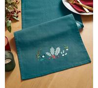 Catherine Lansfield Runner da tavolo da pranzo in cotone ricamato con agrifoglio e vischio, 32 x 220 cm, colore: verde