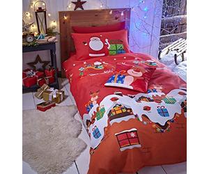 Catherine Lansfield - Set con copri-piumino e federe, per letto singolo, 135 x 200 cm + 1 federa 50 x 75 cm, 55% percalle di cotone e 45% poliestere, motivo: i regali di Babbo Natale
