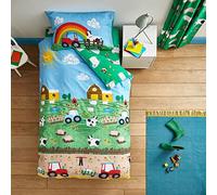 Catherine Lansfield Set copripiumino matrimoniale reversibile con federe, motivo animali della fattoria, blu