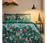 Catherine Lansfield Set copripiumino matrimoniale reversibile con federe, motivo natalizio, verde