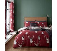 Catherine Lansfield - Set copripiumino Munro Stag Check per letto king, facile manutenzione, rosso, 3 pieces