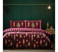 Catherine Lansfield Set copripiumino reversibile per letto super king size con federe, motivo natalizio con schiaccianoci a righe, prugna