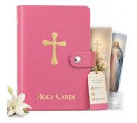 Catholic Holy Card Holder, Faux Leather Prayer Card Organizer with 40 Card Sleeves and Snap Closure, Pocket Holy Card Case for Mass, Daily Prayer, Memorial Cards and Religious Gifts (Pink,1PCS)