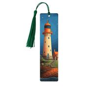 Catoon Segnalibri in legno a forma di faro, fatti a mano, stampati su entrambi i lati, con nappe verde scuro, accessori per libri, regalo per amanti dei libri, donne e uomini