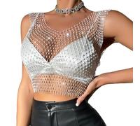 CATOR 1 pcs Top con catena per il corpo in rete con strass lucidi per donna Top corto in bikini lucido per festival in discoteca Scollo a V - Bianco