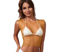 CATOR Corpetto top donna, Festival outfit, top Giallo, Top con catena per il corpo in rete con strass lucidi per donna Top corto in bikini lucido per festival in discoteca Scollo a V - Giallo, S
