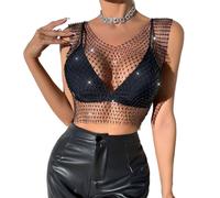 CATOR Corpetto top donna, Festival outfit, top Nero, Top con catena per il corpo in rete con strass lucidi per donna Top corto in bikini lucido per festival in discoteca - Nero, M, Blu Diamante
