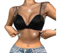 CATOR Corpetto top donna, Festival outfit, top nero, Top con catena per il corpo in rete con strass lucidi per donna Top corto in bikini lucido per festival in discoteca Scollo a V - Nero, S