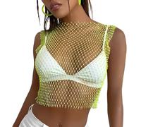 CATOR Corpetto top donna, Festival outfit, top Verde, Top con catena per il corpo in rete con strass lucidi per donna Top corto in bikini lucido per festival in discoteca Scollo a V - Verde, S