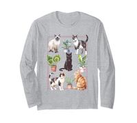 Cats And House Plants Collage in Frame Cute Pet Design Maglia a Manica
