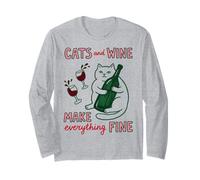 Cats And Wine Make Everything Fine Funny Cat Mom Maglia a Manica