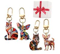 Cats Dogs Stained Art Keychains, Colorful Geometric Spliced Animal Keychain, Pet Acrylic Pendant with Gold Clasp for Keys