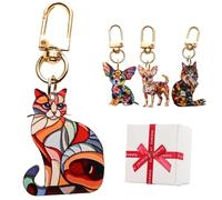 Cats Dogs Stained Art Keychains, Colorful Geometric Spliced Animal Keychain, Pet Acrylic Pendant with Gold Clasp for Keys
