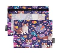 Cats in A Cosmic - Set di 2 astucci per raccoglitori a 3 anelli, con cerniera liscia e finestra in PVC trasparente, per articoli scolastici