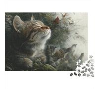 Cats in Nature Scene Puzzle for Adults: Fluffy Cat Looking Up at Birds Brainteasing & Challenging Game for Wall Decoration 70x50cm/1000pcs