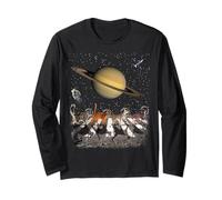 Cats Walking in Space Cat Astronaut Saturn Planet Cat Lover Maglia a Manica