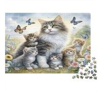 Cats with Kittens Puzzle for Adults Educational: Fluffy Cat with Kittens 1000 Pieces Suitable for Decompression 52x38cm/1000pcs