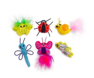 Catstages by Cute As A Bug Plush Interactive Cat Toys, Bug Themed Kicker Catnip Toys with Feathers, Crinkle, Mesh, 6pk, Small, Multicolored