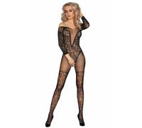 Catsuit BodyStocking NURYA in Rete nera Ricamata Stile Body + Calze Autoreggenti