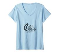 Cattitude: Sassy Feline Spirit per Gli Amanti dei Gatti Maglietta con Collo a V, Donna, Celeste, XL