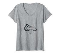 Cattitude: Sassy Feline Spirit per Gli Amanti dei Gatti Maglietta con Collo a V, Donna, Grigio Melange, S