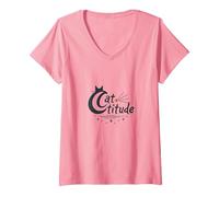 Cattitude: Sassy Feline Spirit per Gli Amanti dei Gatti Maglietta con Collo a V, Donna, Rosa, M