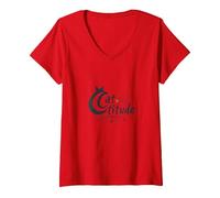 Cattitude: Sassy Feline Spirit per Gli Amanti dei Gatti Maglietta con Collo a V, Donna, Rosso, XL