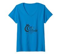 Cattitude: Sassy Feline Spirit per Gli Amanti dei Gatti Maglietta con Collo a V, Donna, Zaffiro, L