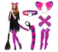 CATTO COSTUTTO Donne, Set 5PC/Set CATTO Set con Fascia per Le Orecchie del Gatto, Chocker, Calze, Coda di Gatto e Guanti per Halloween