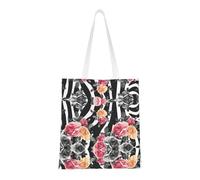 Cattpa Borsa da spiaggia portatile con stampa a strisce zebrate floreali con rose, borsa da spiaggia riutilizzabile, per la spesa pieghevole, con manici