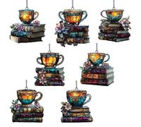 Cattura Sole Appendiabile - Decorazione Acrilica 2D Floreale con Libro e Tazza da Tè | 7 Pezzi Decorazione Letteraria Regalo per Casa Studio Vetrina Lettori Amici Colleghi