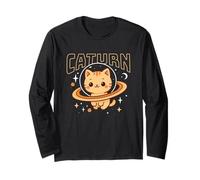 Caturn Carino Kawaii Spazio Gatto Pianeta Saturno Divertente Gattino Gioco di Parole Maglia a Manica