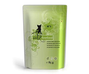 catz finefood N° 5 salmone e pollame cibo per gatti bagnato, raffinato con spinaci e pomodoro, 8 x 85g bustine