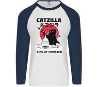 Catzilla Divertente Gatto Parodia Uomo L/S Baseball T-Shirt