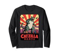 Catzilla Funny Giant Cat City Caos Maglia a Manica
